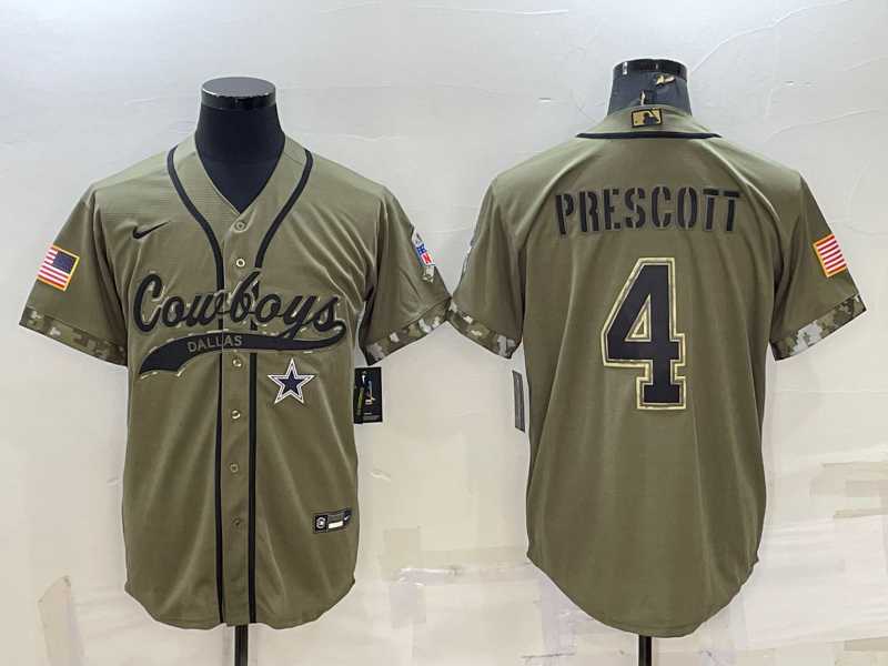 Men%27s Dallas Cowboys #4 Dak Prescott 2022 Olive Salute to Service Cool Base Stitched Baseball Jersey